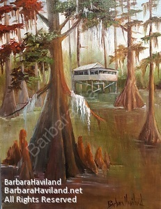 #camp, #abandoned, #bayou,#cypressTrees, #water,#Barbara Haviland Fine Art