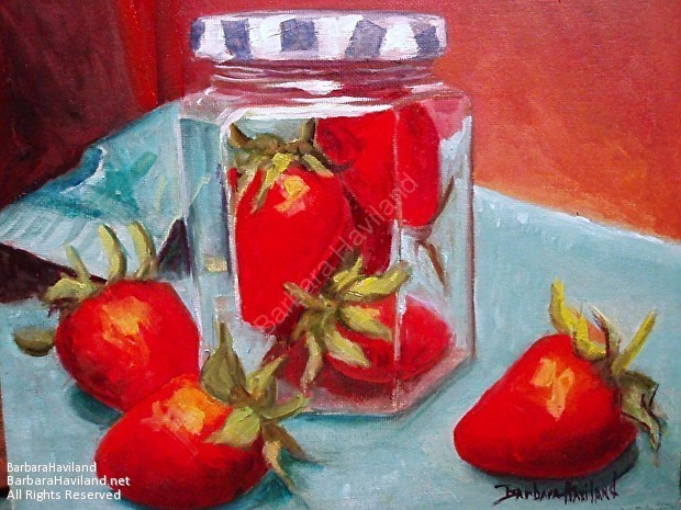 #strawberries,#jar,#StillLife,#8x10,#BarbaraHavilandFineArt.com,OilPainting,