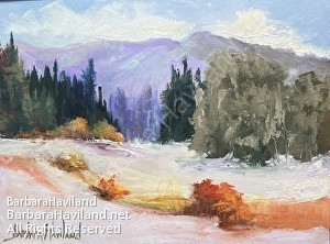 #snow,#winter,#evergreen,#mountains, oil painting,#BarbaraHavilandFineArt.com