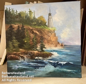 #Sea, #lighthouse,# rocks,#oilPainting,#BarbaraHavilandFineArt.com