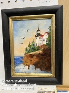 #lighthouse,#houses, #Cliff,#evergreenTrees,#BarbaraHavilandFineArt.com