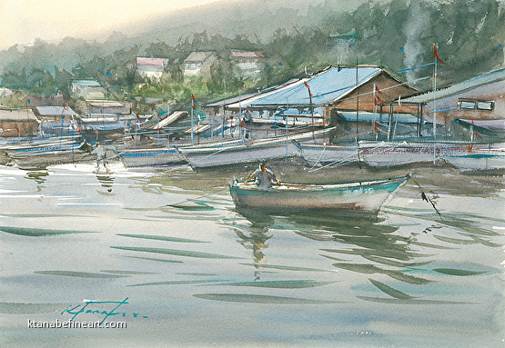 A Fishing Boat Laying the Nets.  Boat art, Boat painting, Watercolor boat